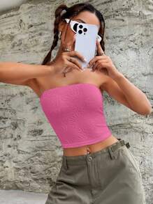 SHEIN EZwear 素色短款抹胸上衣 - 粉色 - 查看 6