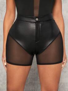 SHEIN SXY Quần đùi nữ Nút Tương phản Mesh cắt Dây kéo màu trơn Gợi cảm - màu đen - Xem 3