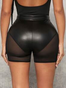 SHEIN SXY Quần đùi nữ Nút Tương phản Mesh cắt Dây kéo màu trơn Gợi cảm - màu đen - Xem 2