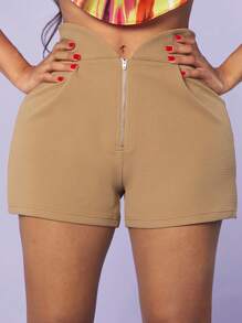 SHEIN SXY Zip Fly Solid Shorts - Khaki - View 1