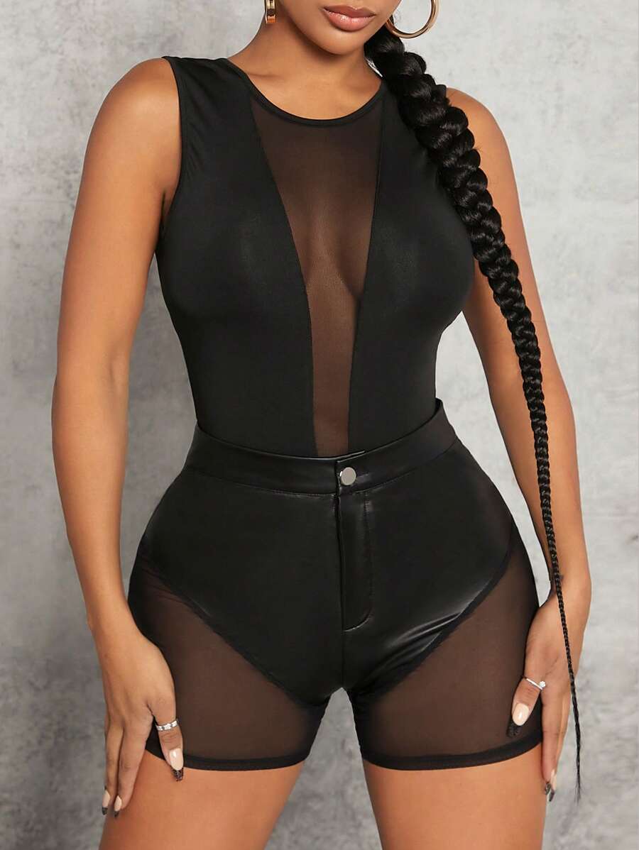 SHEIN SXY Quần đùi nữ Nút Tương phản Mesh cắt Dây kéo màu trơn Gợi cảm - màu đen - Xem 1