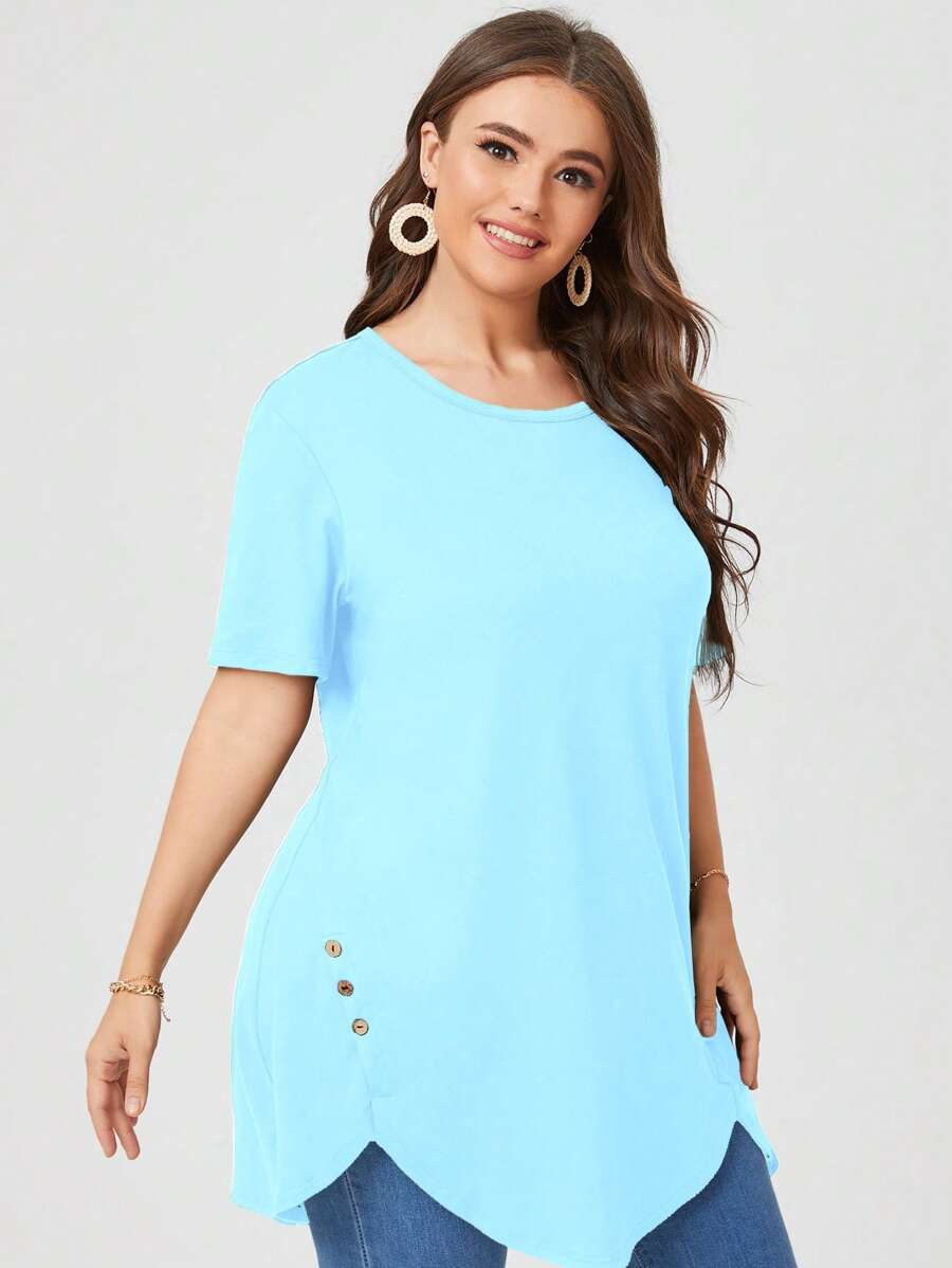 大碼紐扣細節弧形下擺T恤 - 淺藍色 - 查看 1
