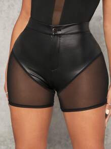 SHEIN SXY Quần đùi nữ Nút Tương phản Mesh cắt Dây kéo màu trơn Gợi cảm - màu đen - Xem 8