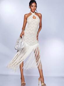 SHEIN BAE Đầm Lộ Lưng Hội Chữ thập mép Buộc lại màu trơn Gợi cảm - trắng - Xem 4