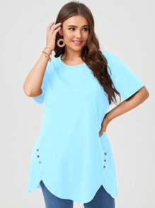 大碼紐扣細節弧形下擺T恤 - 淺藍色 - 查看 4