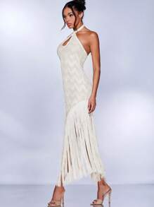 SHEIN BAE Đầm Lộ Lưng Hội Chữ thập mép Buộc lại màu trơn Gợi cảm - trắng - Xem 5