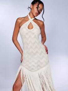 SHEIN BAE Đầm Lộ Lưng Hội Chữ thập mép Buộc lại màu trơn Gợi cảm - trắng - Xem 3