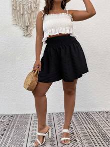 SHEIN LUNE Plus Solid Wide Leg Shorts - Black - View 5