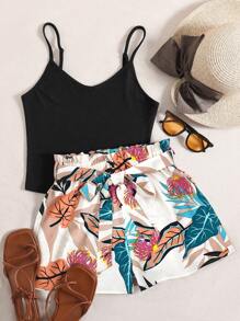 SHEIN VCAY Solid Cami Top & Tropical Print Belted Shorts - White - View 1
