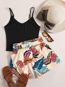 SHEIN VCAY 吊帶上衣和熱帶圖案附腰帶短褲 - 杏色 - 查看 2