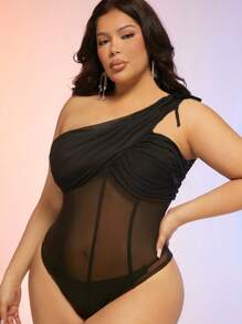 Hauture Body con un hombro fruncido de malla de talla grande - Negro - Ver 1