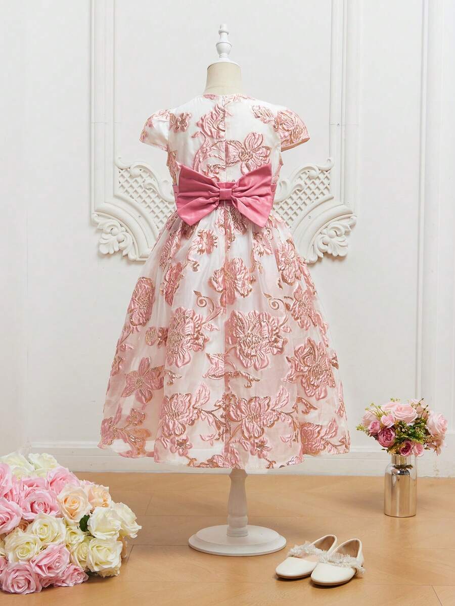 SHEIN 女孩1入組花卉圖案提花後綁帶蝴蝶結連衣裙 - 彩色 - 查看 1