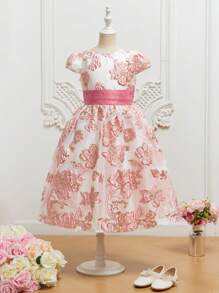 SHEIN 女孩1入組花卉圖案提花後綁帶蝴蝶結連衣裙 - 彩色 - 查看 4