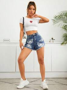 SHEIN EZwear 字母和心形圖案短款T恤 - 白色 - 查看 3