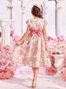SHEIN 女孩1入組花卉圖案提花後綁帶蝴蝶結連衣裙 - 彩色 - 查看 3