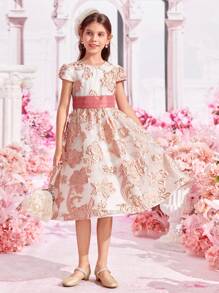 SHEIN 女孩1入組花卉圖案提花後綁帶蝴蝶結連衣裙 - 彩色 - 查看 2