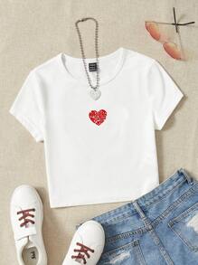 SHEIN EZwear 字母和心形圖案短款T恤 - 白色 - 查看 7