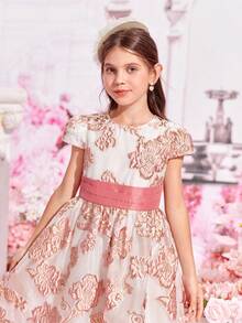 SHEIN 女孩1入組花卉圖案提花後綁帶蝴蝶結連衣裙 - 彩色 - 查看 5