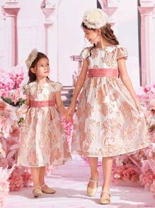 SHEIN 女孩1入組花卉圖案提花後綁帶蝴蝶結連衣裙 - 彩色 - 查看 6