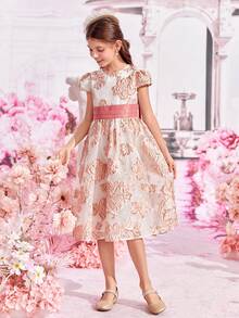 SHEIN 女孩1入組花卉圖案提花後綁帶蝴蝶結連衣裙 - 彩色 - 查看 7