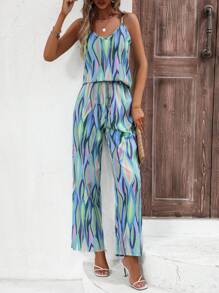 SHEIN VCAY Allover Print Cami Top & Wide Leg Trousers - Multicolor - View 1