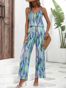 SHEIN VCAY Allover Print Cami Top & Wide Leg Trousers - Multicolor - View 4