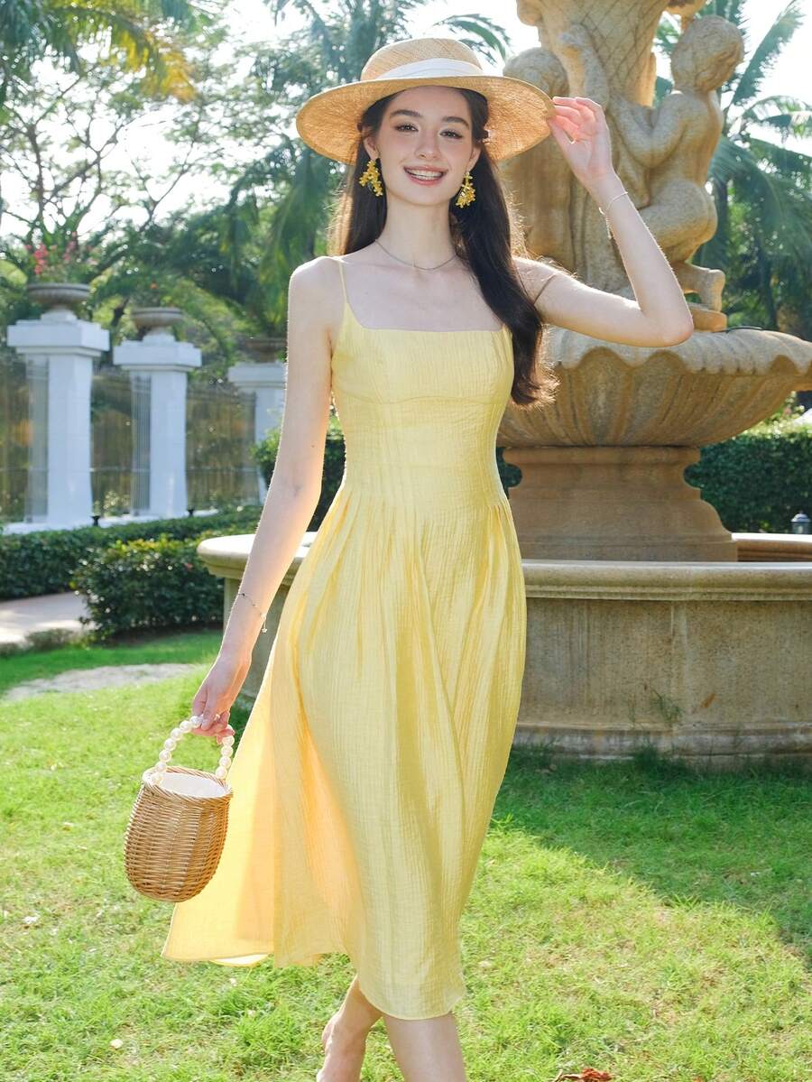 素色肩上打結吊帶洋裝 - 黃色 - 查看 1