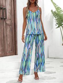 SHEIN VCAY Allover Print Cami Top & Wide Leg Trousers - Multicolor - View 5