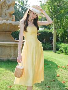 素色肩上打結吊帶洋裝 - 黃色 - 查看 4
