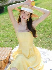 素色肩上打結吊帶洋裝 - 黃色 - 查看 5