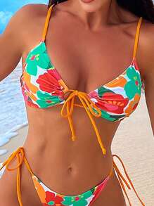 SHEIN Swim Áo Tops Bikini Nữ Thắt nơ trước Hoa - Nhiều màu - Xem 1