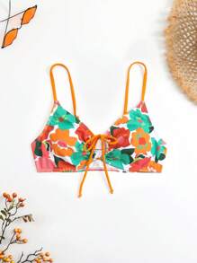 SHEIN Swim Áo Tops Bikini Nữ Thắt nơ trước Hoa - Nhiều màu - Xem 3