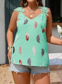 SHEIN Clasi Top tank con estampado de pluma panel con encaje - Verde - Ver 5