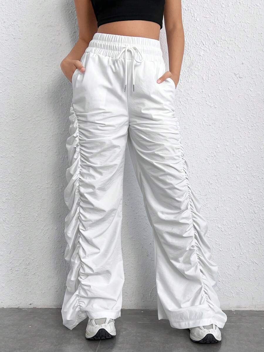 Muchica Drawstring Waist Ruched Parachute Trousers - White - View 1