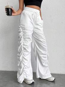 Muchica Drawstring Waist Ruched Parachute Trousers - White - View 5