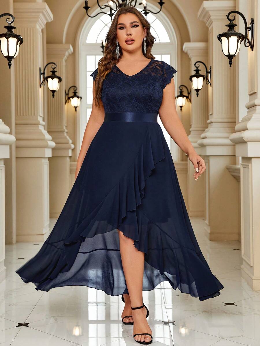 Vestido de vestir con encaje en contraste ribete con fruncido bajo cruzado - Azul Marino - Ver 1