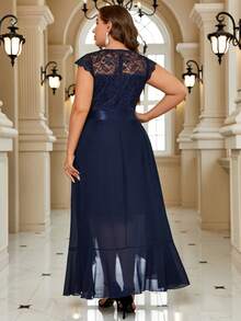 Vestido de vestir con encaje en contraste ribete con fruncido bajo cruzado - Azul Marino - Ver 2