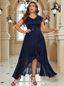 Vestido de vestir con encaje en contraste ribete con fruncido bajo cruzado - Azul Marino - Ver 3