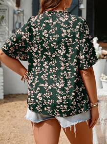 SHEIN LUNE 大碼印花繫帶領蝙蝠袖襯衫 - 綠色 - 查看 2