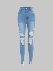 SHEIN Girlism Teen Girl Ripped Raw Hem Jeans - Light Wash - View 1