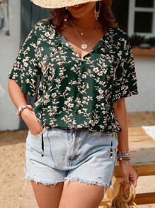 SHEIN LUNE 大碼印花繫帶領蝙蝠袖襯衫 - 綠色 - 查看 6