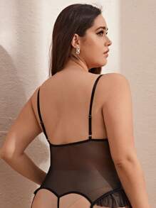 Plus Floral Lace Ruffle Trim Teddy Bodysuit - Black - View 2