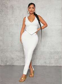 SHEIN SXY Bộ đồ hai mảnh nữ Bất đối xứng màu trơn Thanh lịch - trắng - Xem 1