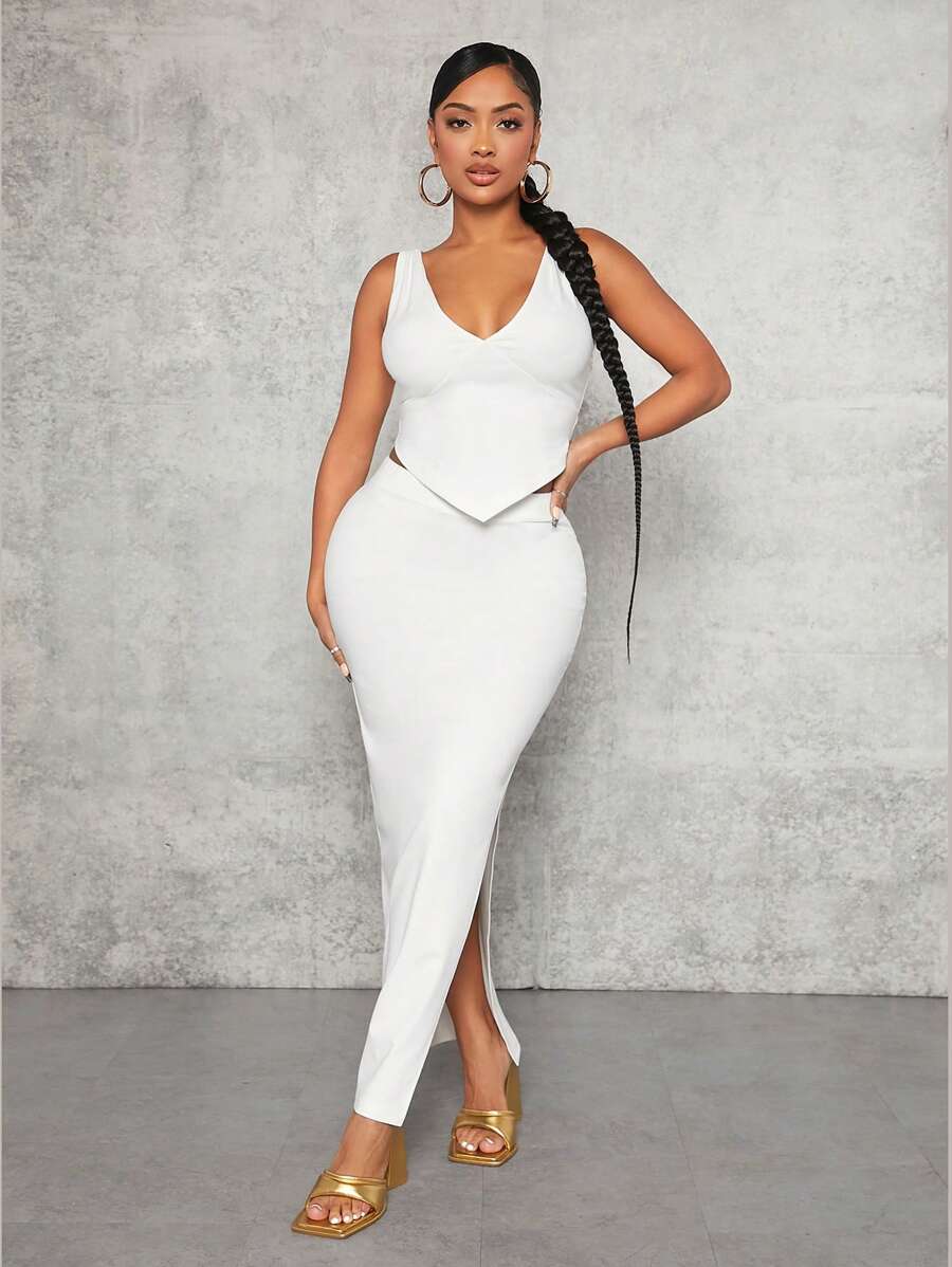 SHEIN SXY Bộ đồ hai mảnh nữ Bất đối xứng màu trơn Thanh lịch - trắng - Xem 1