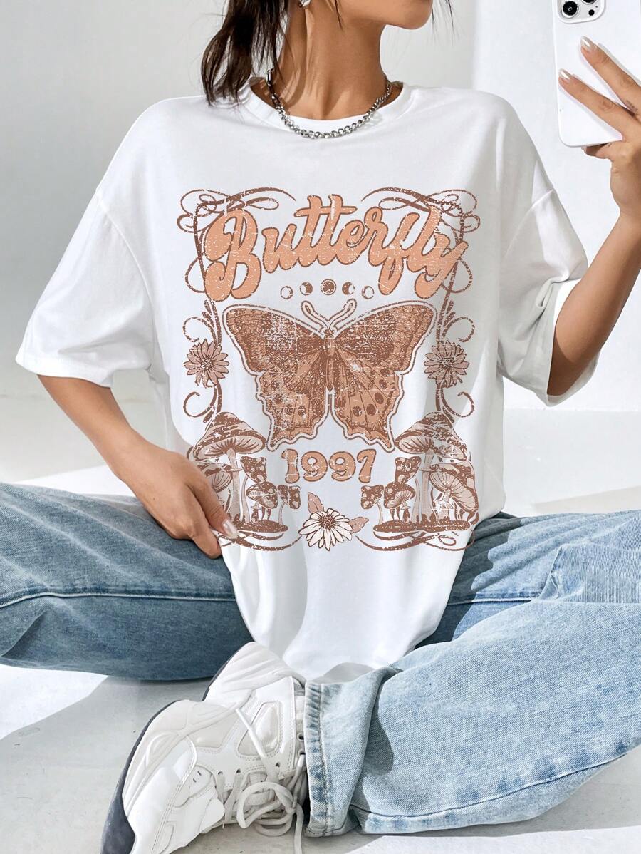 SHEIN EZwear Hoạt hình Bướm & Chữ cái Thả vai Áo phông Quá khổ - trắng - Xem 1