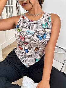 SHEIN EZwear 大碼報紙和蝴蝶圖案頭巾下擺背心上衣 - 彩色 - 查看 1