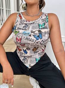 SHEIN EZwear 大碼報紙和蝴蝶圖案頭巾下擺背心上衣 - 彩色 - 查看 3