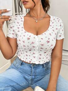 Solflare Plus Ditsy Floral Print Lettuce Trim Crop Tee, Summer