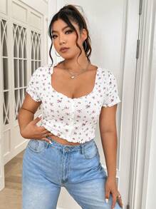 Solflare Plus Ditsy Floral Print Lettuce Trim Crop Tee, Summer