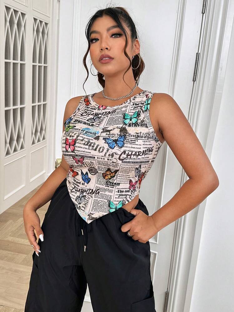 SHEIN EZwear 大碼報紙和蝴蝶圖案頭巾下擺背心上衣 - 彩色 - 查看 5